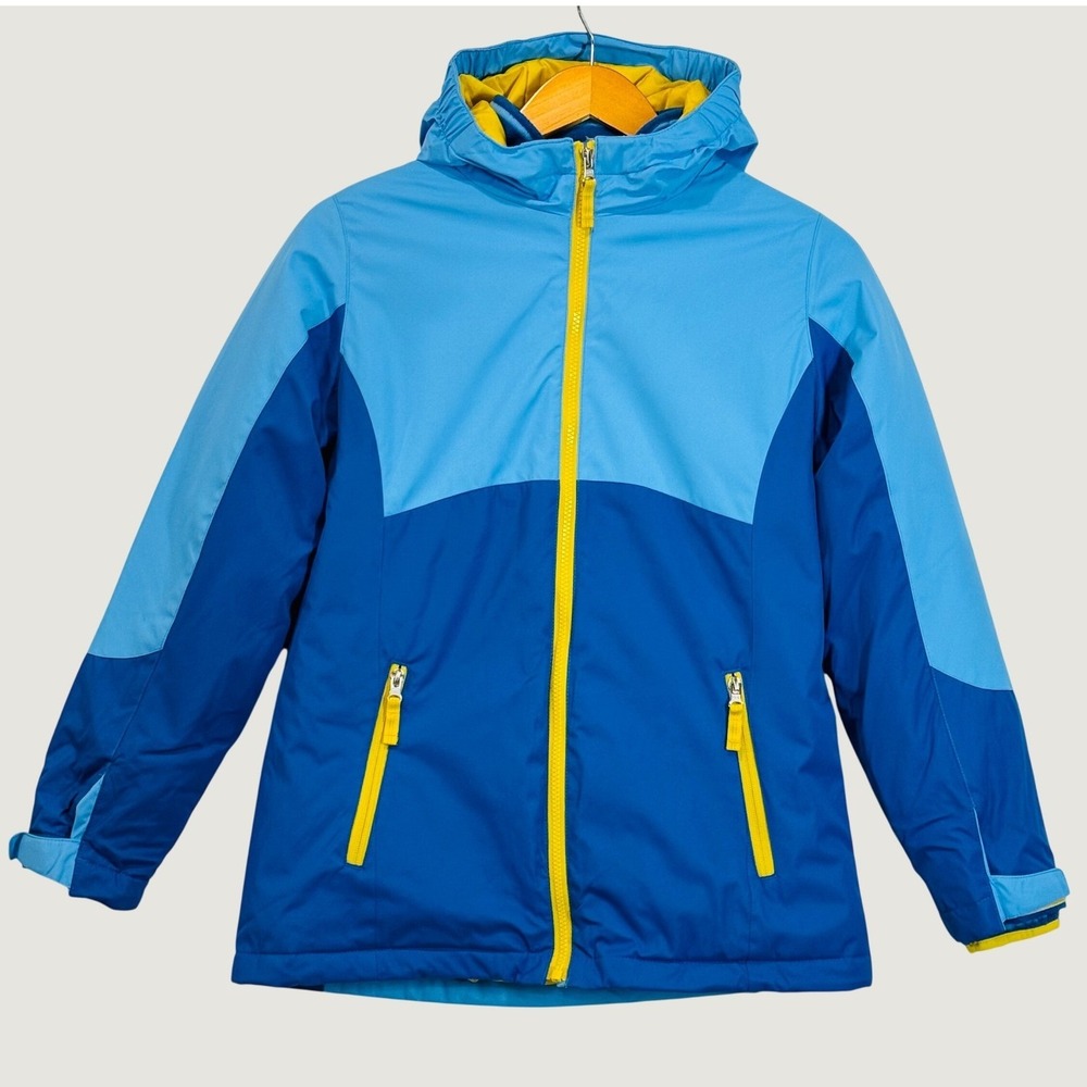 Lands End Jacket Kids L 14 Blue Yellow Hooded Fleece Lined Winter Coat Puffer